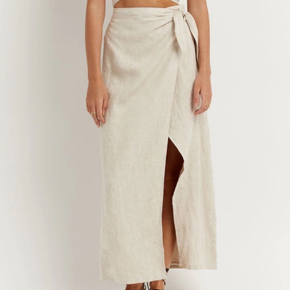 DISSH 100% Linen Natural Tan Cream Faux Wrap Skirt Tie Waist Midi Maxi Size 4